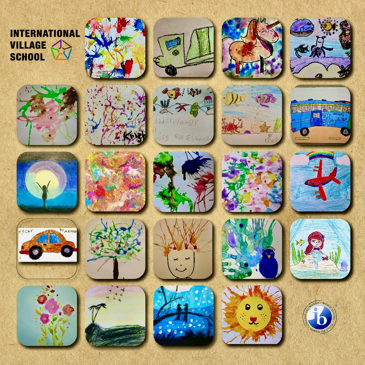 A collage of the paintings by young children of the International Village School.